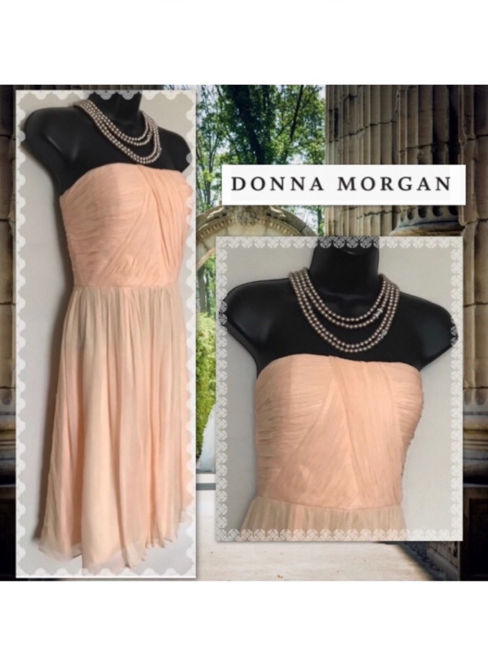 Donna Morgan Strapless Peach Chiffon Midi Dress